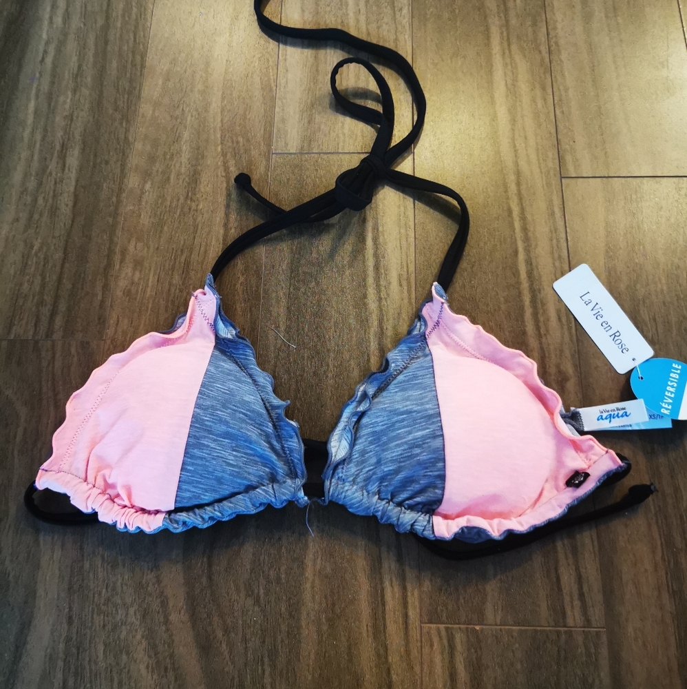 REVERSIBLE Coral Pink & Grey Bikini Top